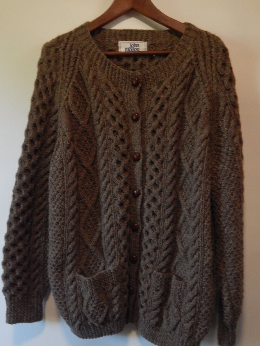 Vintage John Molloy Chunky 100% Pure New Wool Aran Cardigan Sweater L/XL